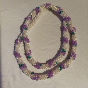 Necklace Crocheted 70s White/Lilac Grapes/Flowers Beaded 28"